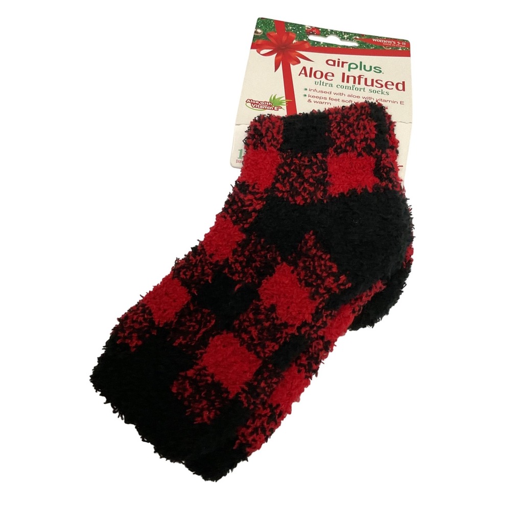 Airplus‎ Aloe Infused Ultra Comfort Fuzzy Socks Red/Black Buffalo Plaid 5-11